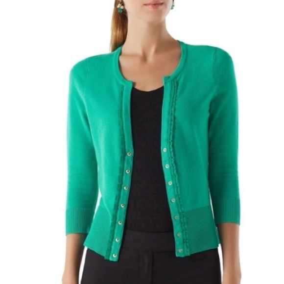 White House Black Market Green Snap Sweater Cardigan Ruffled Lace Trim Large - Picture 2 of 11